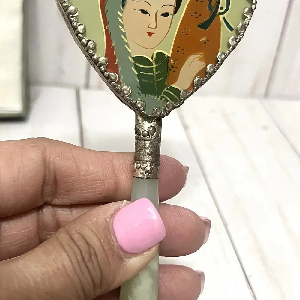 Vintage Asian Heart Shaped Hand Mirror Geisha Enamel Faux Jade Handle